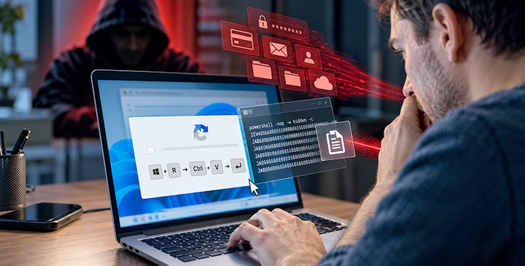 User am Laptop, der von einem ClickFix-Angriff bedroht wird