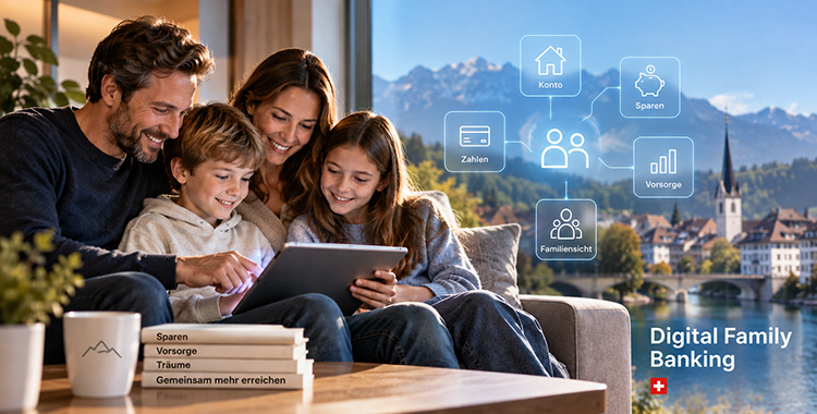 Junge Familie am Laptop beim Family Banking
