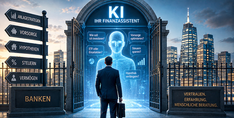 Ein Banken steht vor einer KI und bittet um Finanzberatung