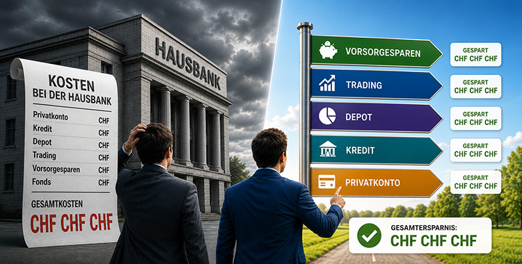 Das Bild symbolisiert die Kostenunterschiede zwischen Hausbank und verschiedenen Anbietern