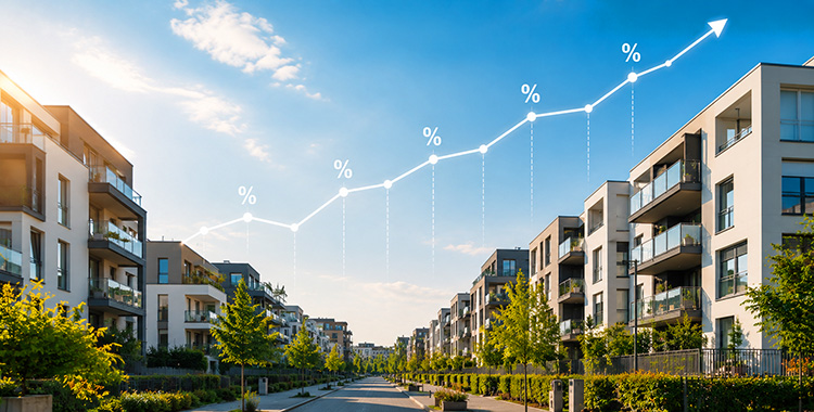 Strasse mit Häusern und Prozentsymbol, stellt den Schweizer Hypothekenmarkt dar