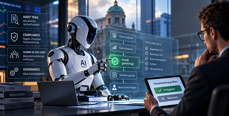 Ein Robo als KI-Agent und ein Mensch, der ihn kontrolliert