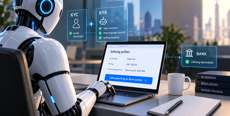 Ein KI-Agent in Form eines Robots gibt am Laptop Zahlungen an die Bank frei