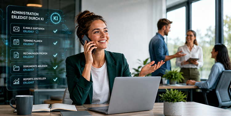 Junge Unternehmerin im Office lässt KI für sich arbeiten