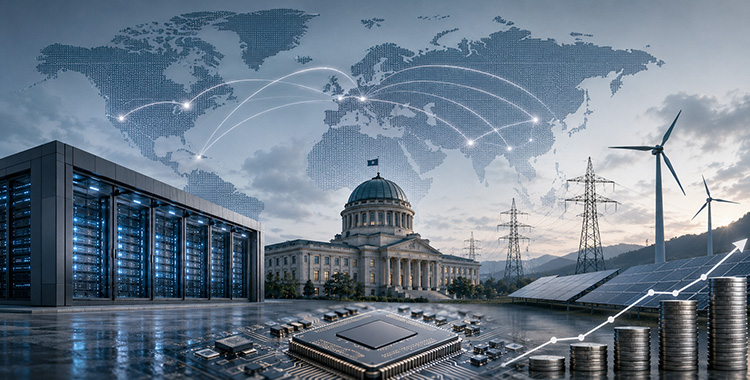 Das Bild symbolisiert die Verbindung von Staat, KI und Rechenleistung