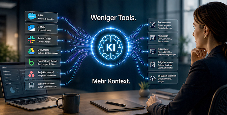 Junge Frau arbeitet mit KI und kontrolliert Inputs und Output