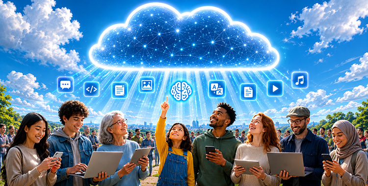 Menschen, die für verschiedene Zwecke KI aus der Cloud beziehen