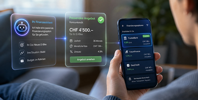 Junger Mann studiert auf dem Smartphone ein Kreditangebot, das seine KI für ihn zusammengestellt hat