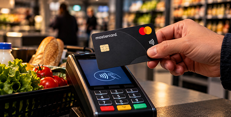 Eine Hand hält eine Mastercard ans Bezahl-Terminal in einem Laden