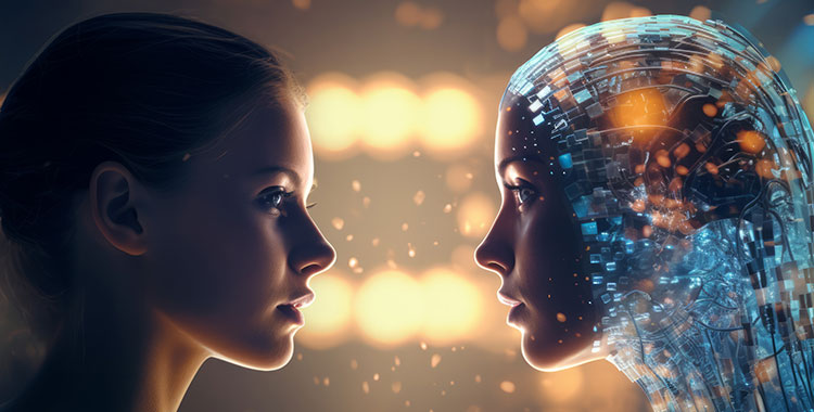 Gesicht einer jungen Frau im Profil, gegenüber das Gesicht einer KI 