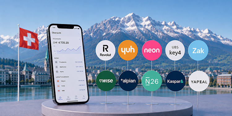 Smartphone vor Schweizer Bergen und die Logos der Schweizer Neo-Banken im Vordergrund