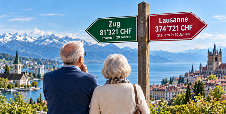 Ehepaar vor einem Wegweiser, der nach Zug oder Lausanne weist, mit einer tiefen oder hohen Steuerbelastung