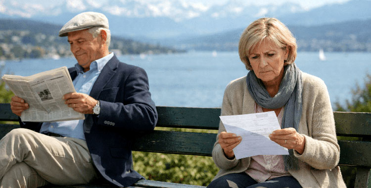 Zwei Pensionierte auf Parkbank mit unterschiedlicher Mimik
