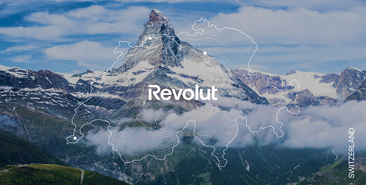 Matterhorn und Revolut-Logo innhalb skizzierter Schweizer Grenzen