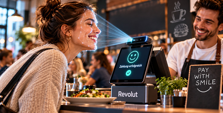 Junge Frau zahlt mit Revolut Pay with Smile und lässt ihr Gesicht scannen