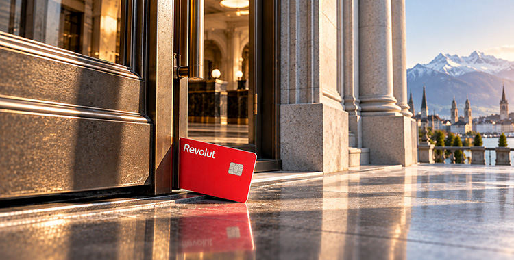 Der repräsentative Eingang einer Schweizer Bank mit einer Revolut-Karte in der Türe