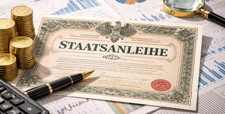 Eine Staatsanleihe auf einem Schreibtisch, umgeben von Charts