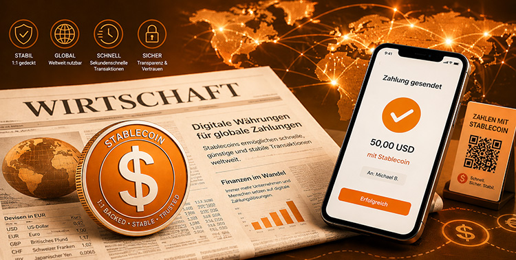 Wirtschaftszeitung mit Stablecoin-Symbol