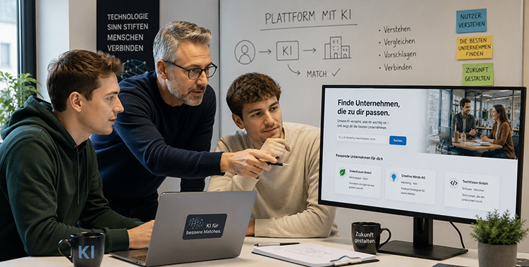 Drei Männer entwickelt mit KI eine Software