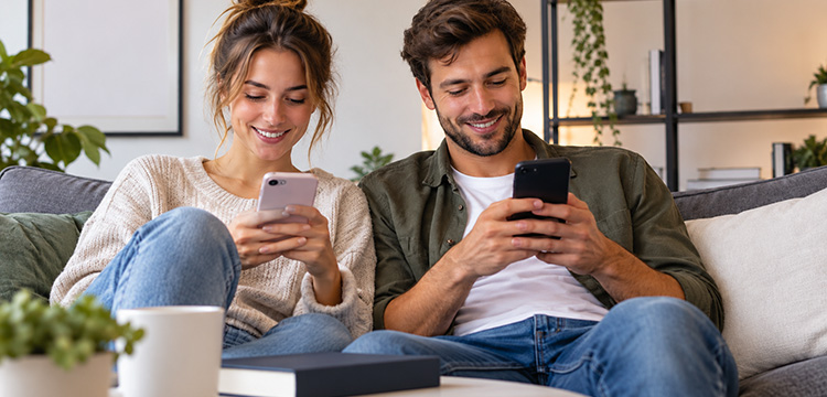 Junges Paar auf Sofa checkt auf den Smartphones ihre Vorsorge-Apps