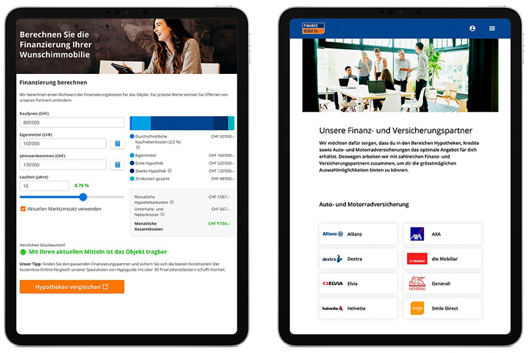 Tablet-Ansicht der Plattform FinanceScout24