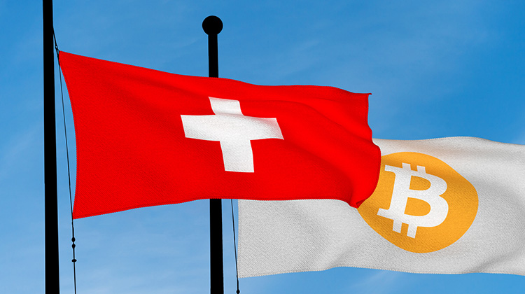 Flagge mit Schweizer Kreuz und Bitcoin-Emblem