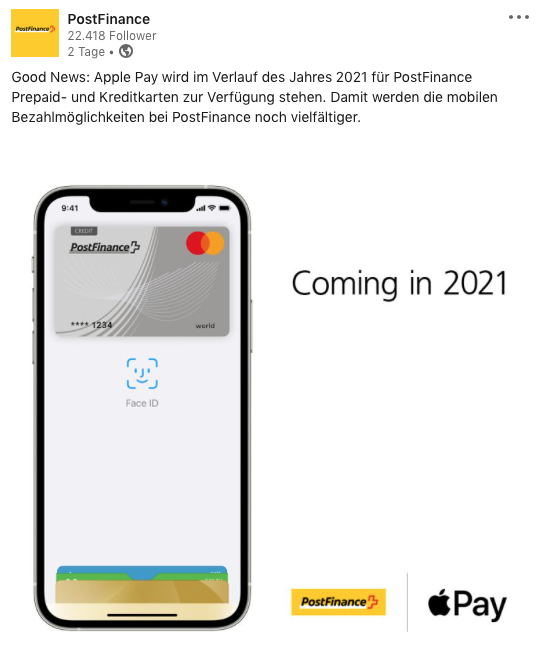 Smartphone-Ansicht mit Postfinance-Kreditkarte und Apple Pay