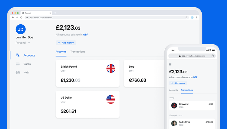 Die Revolut App sichtbar auf PC und Smartphone