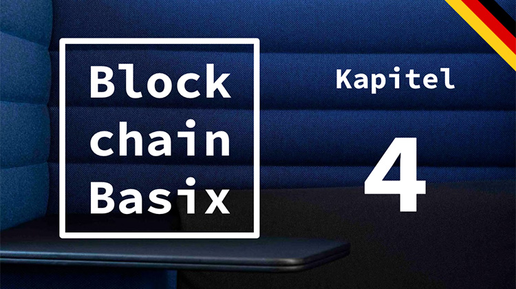 Das Logo von Blockchain Basix auf blauem Hintergrund